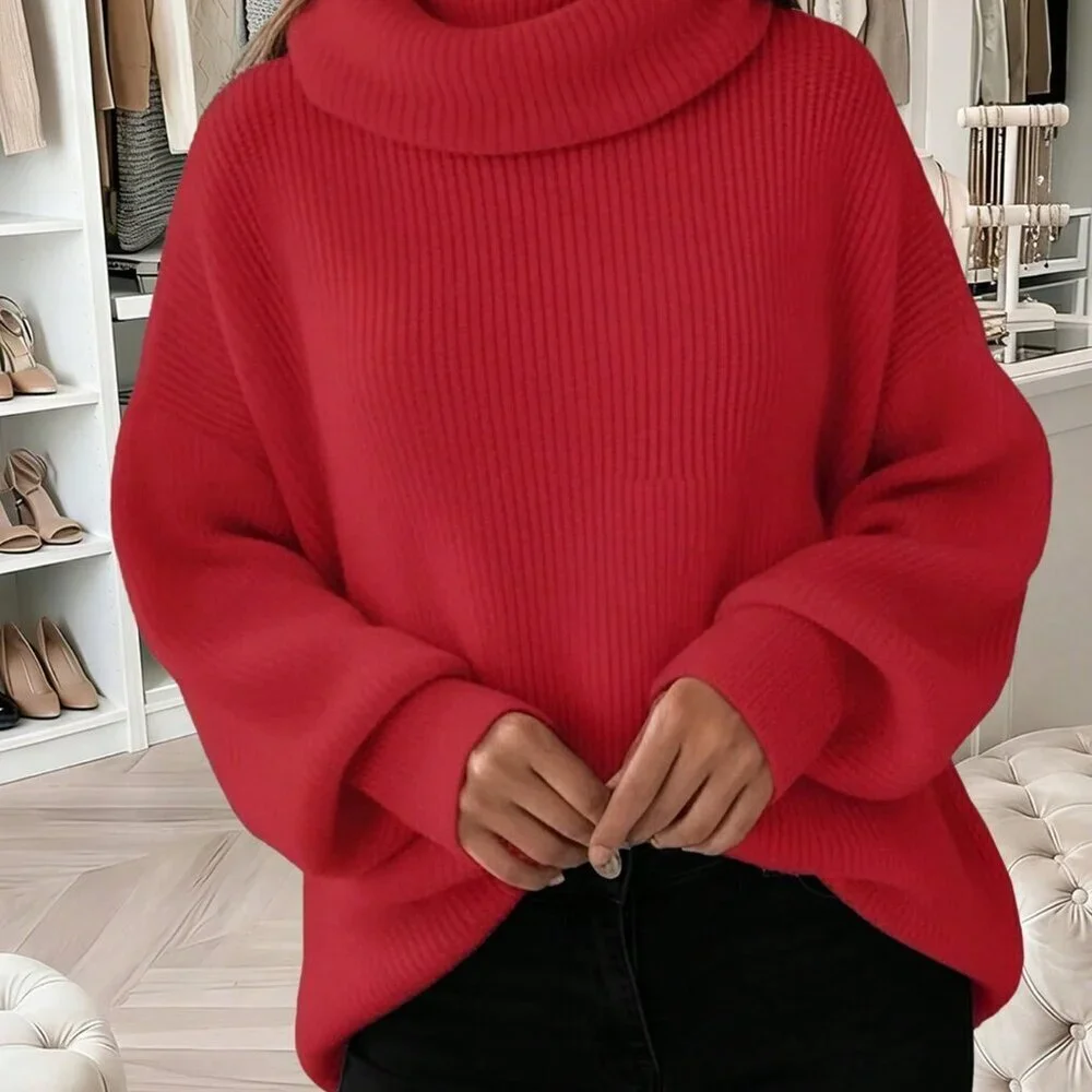 Red Casual Women's Minimalist Knitted Turtleneck Sweater